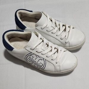 Tory Burch  Leather T Logo Sneakers White And Blue Size 6.5